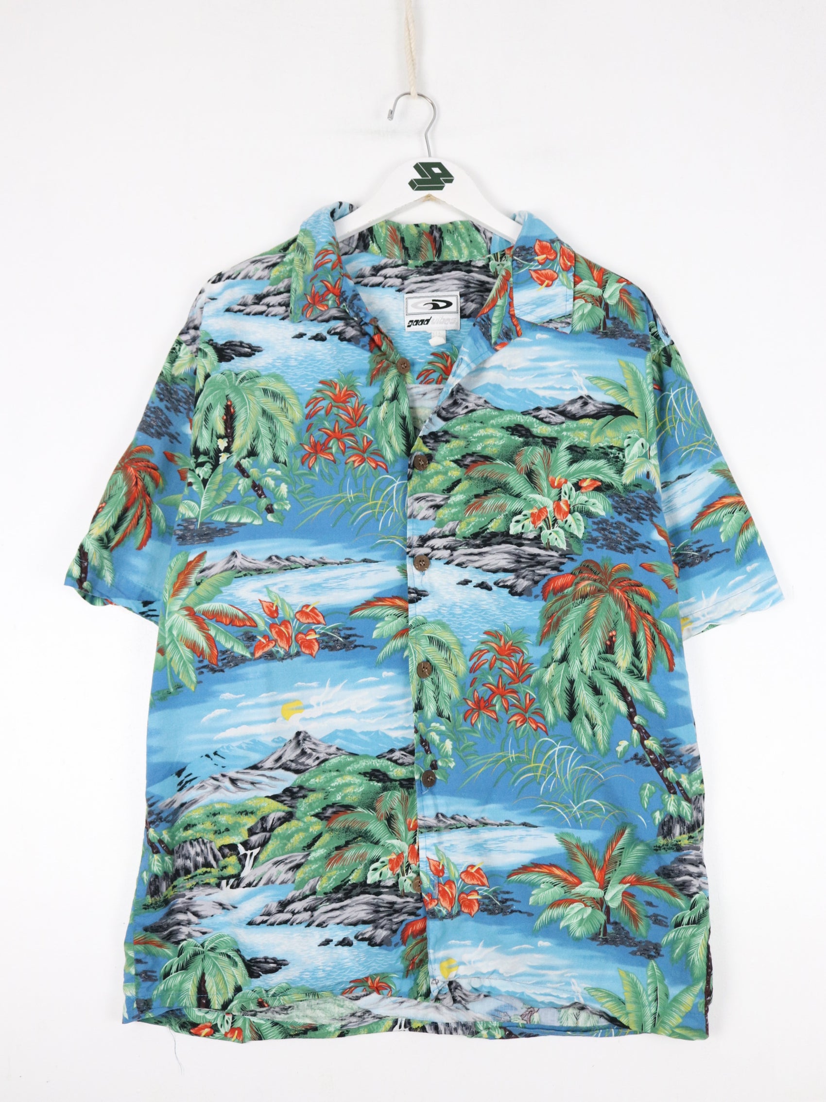 Vintage Good Vibes Shirt Mens Medium Blue Hawaiian Button Up
