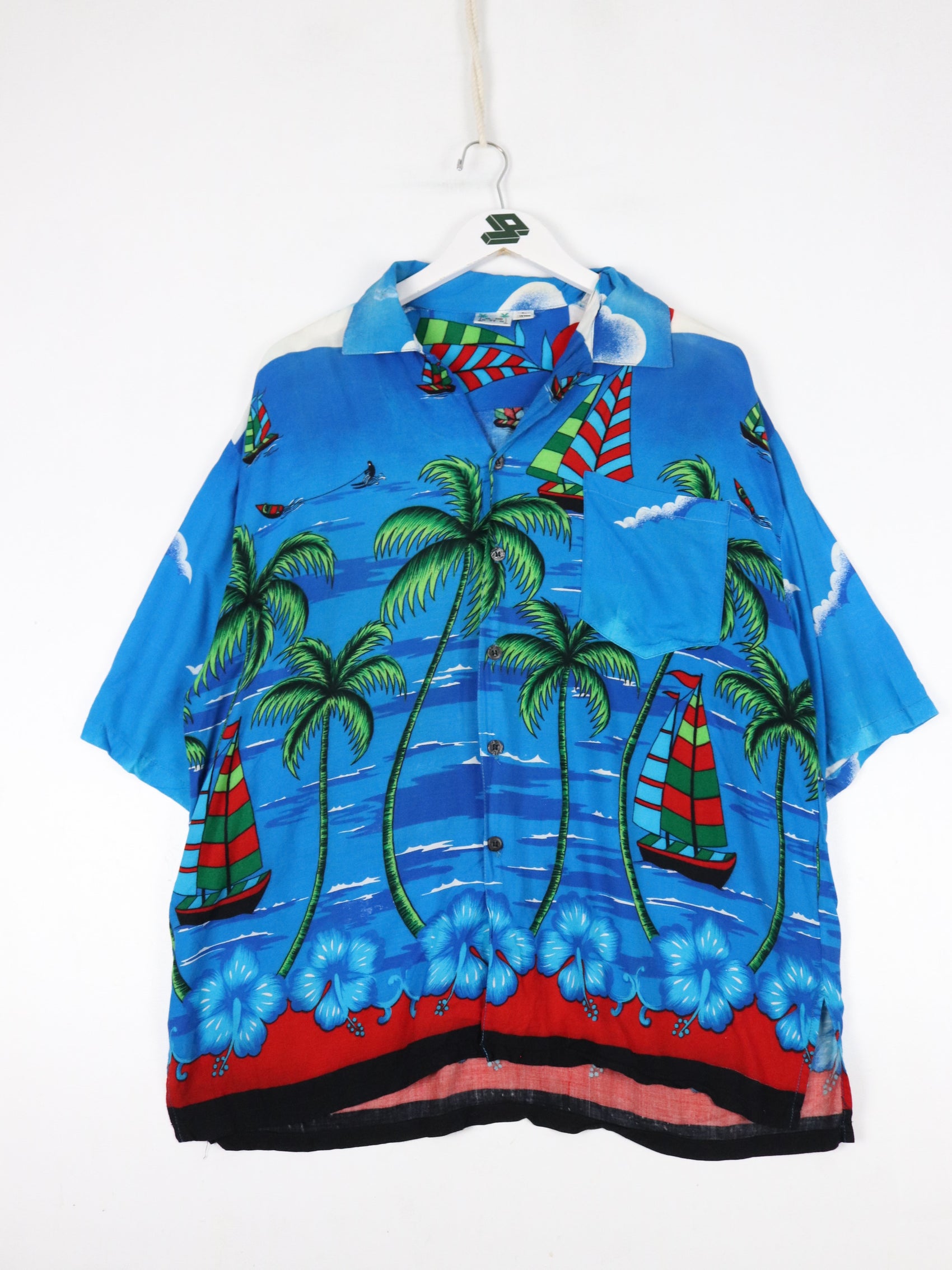Island Rhythm Shirt Mens Large Blue Hawaiian Button Up