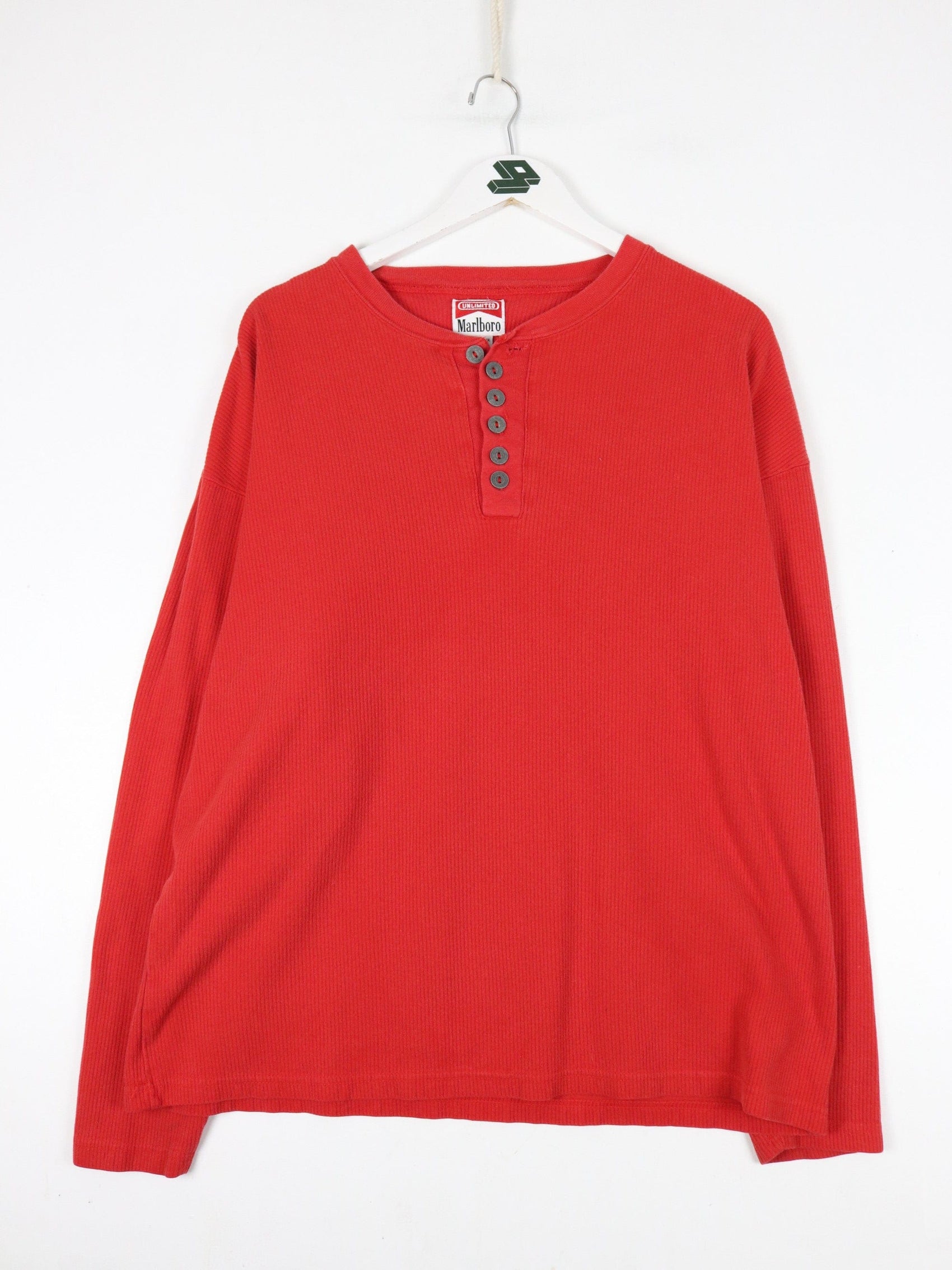 Marboro Button Up Shirts Vintage Marlboro Henley Shirt Mens XL Red Ribbed Long Sleeve
