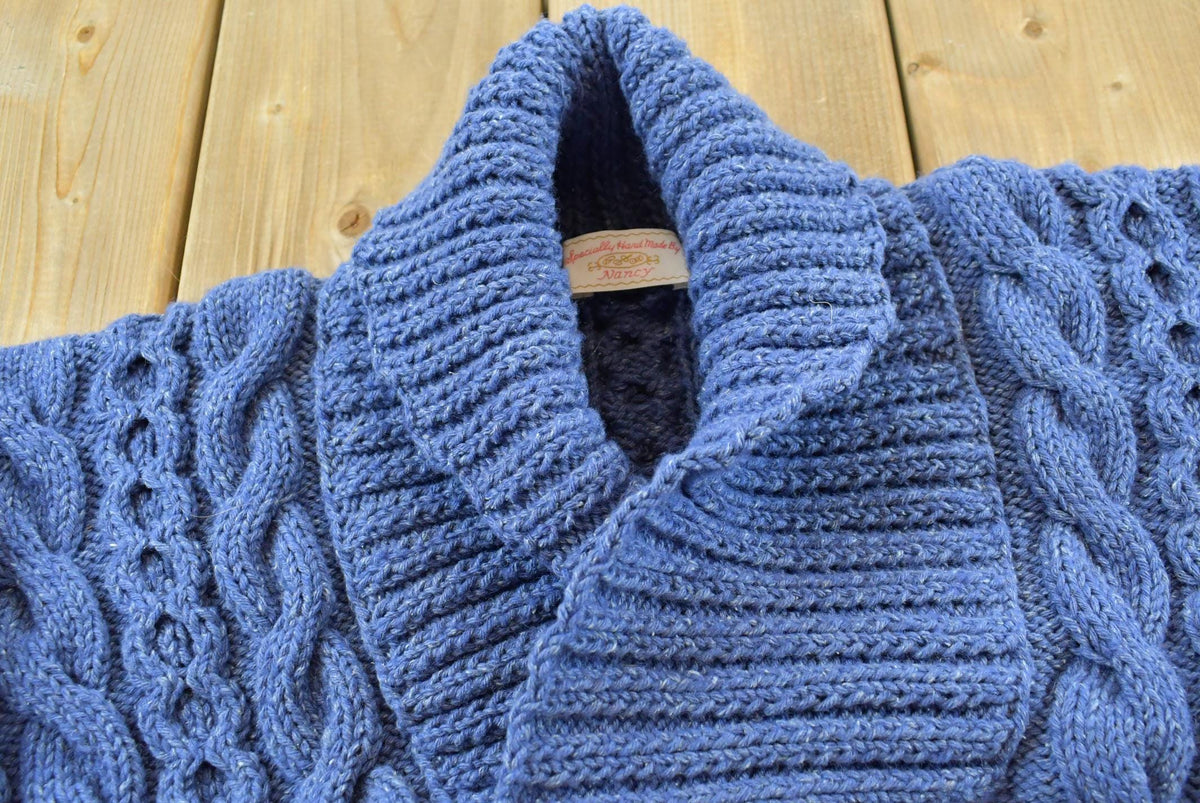 Vintage 1980s Hand Made Wool Cable Knit Shawl Collar Sweater Women's L