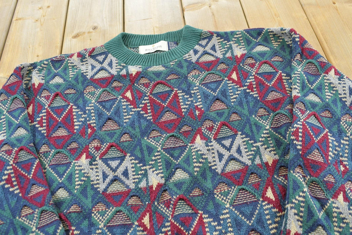 Vintage 1990s Bill Blass Textured 3D Cotton Knit Crewneck Sweater Men's L / 90s Abstract Pattern Knitted Sweatshirt / Made in USA