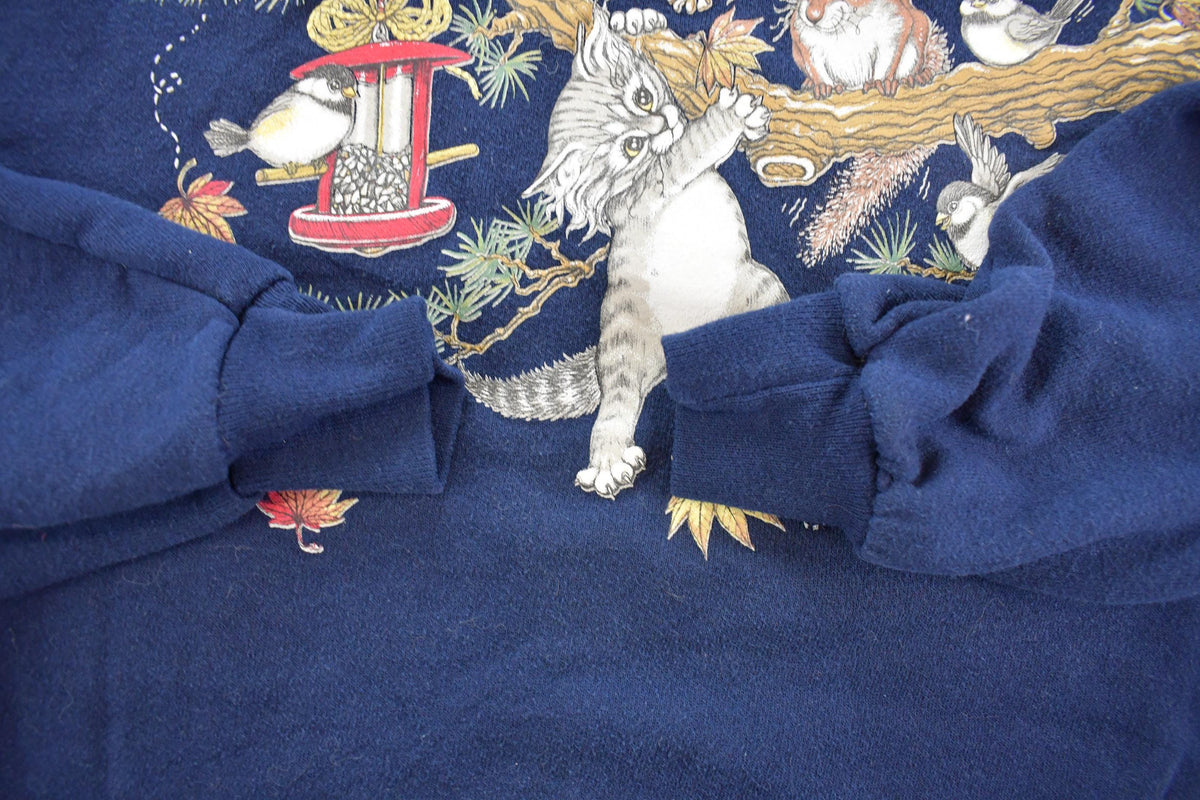 Vintage 1990s Morning Sun Cute Cat and Squirrel Graphic Crewneck Sweatshirt Women's L