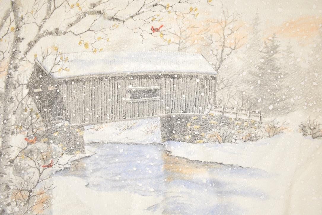 Vintage 1990s Artisans Winter Theme AOP Double Collar Crewneck Sweatshirt Men's L