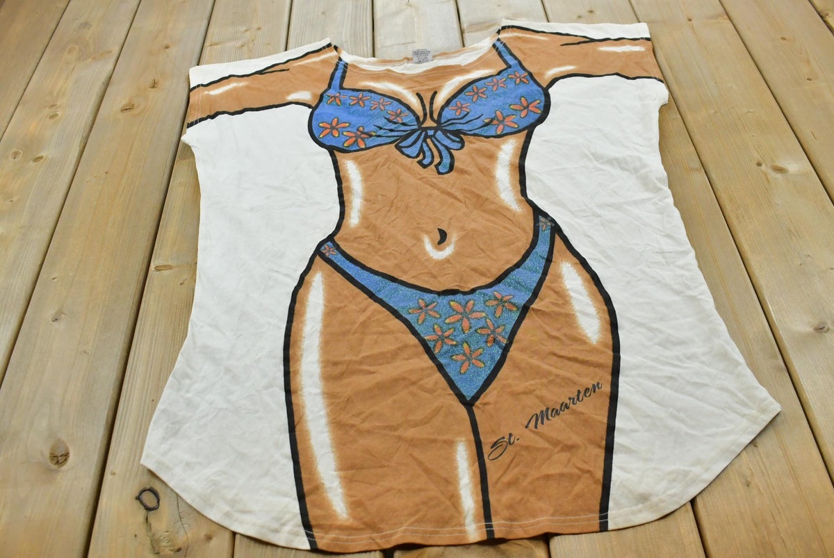Vintage 1990s Bikini Dress St Maarten Glitter Bikini Swim T-Shirt Women's 3XL