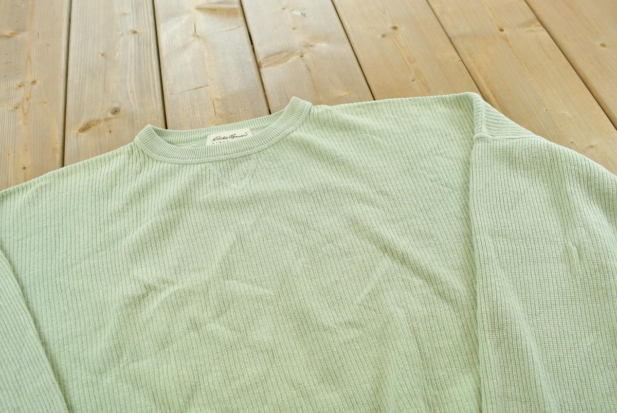 Vintage 1990s Eddie Bauer Light Green Cotton Knit Crewneck Sweater Men's XL Boxy