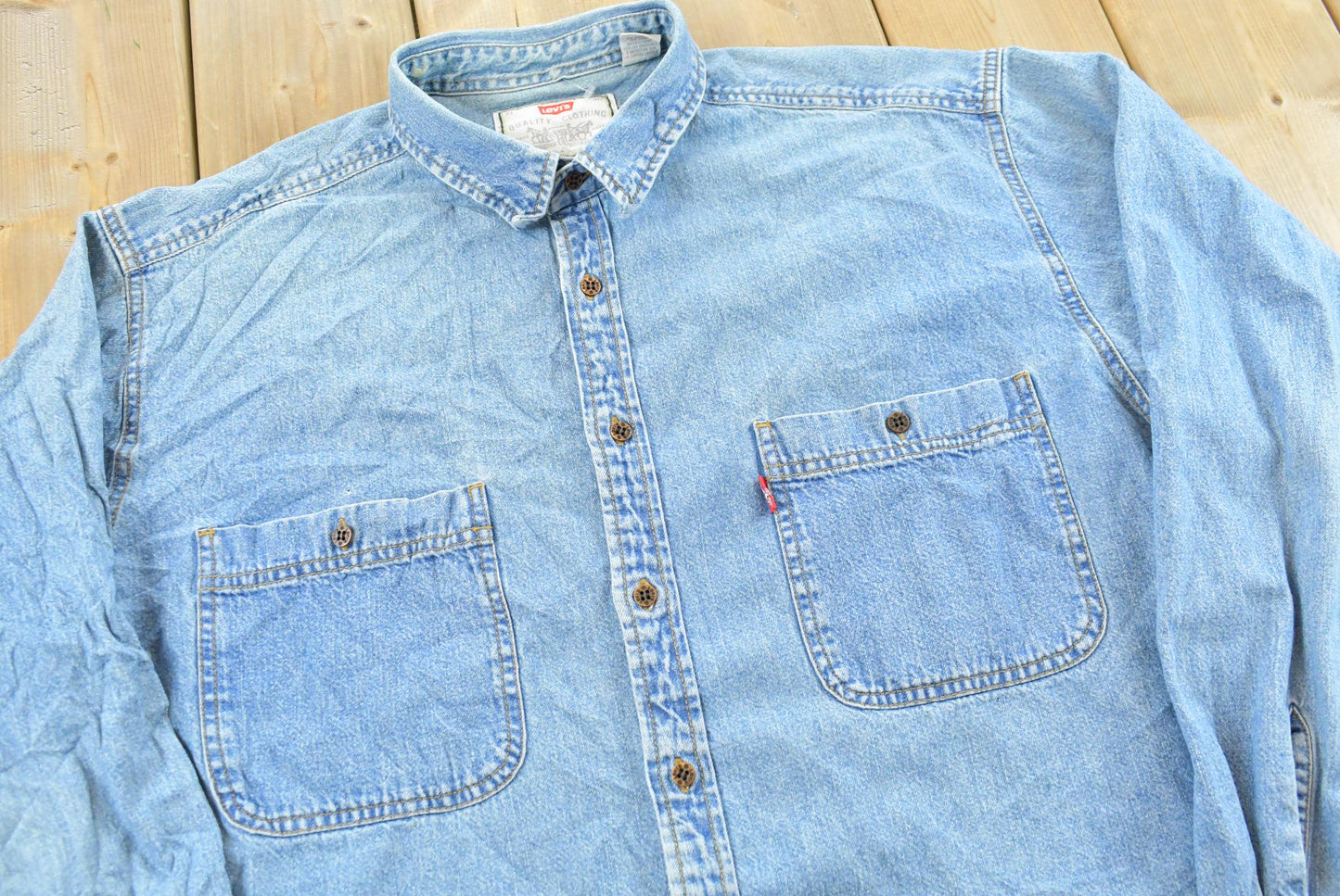 Vintage 1990s Levis Red Tab Denim Button Up Shirt Men's XL / Western Style / 90s Streetwear / Made in Hong Kong