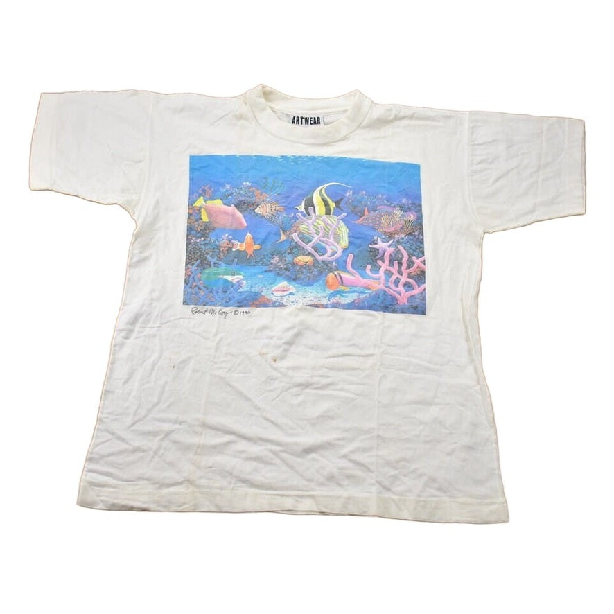 Vintage 1990 Ocean Fishes Theme Bonfire Graphic T-Shirt Single Stitch Men's Large