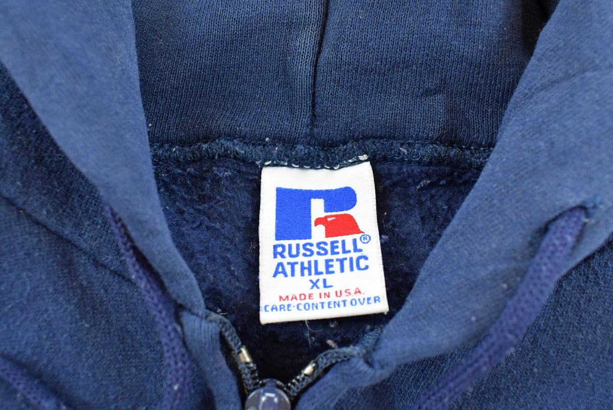 Vintage 1990s Russell Athletic Blank Blue Zip-Up Hoodie Sweatshirt Men's L