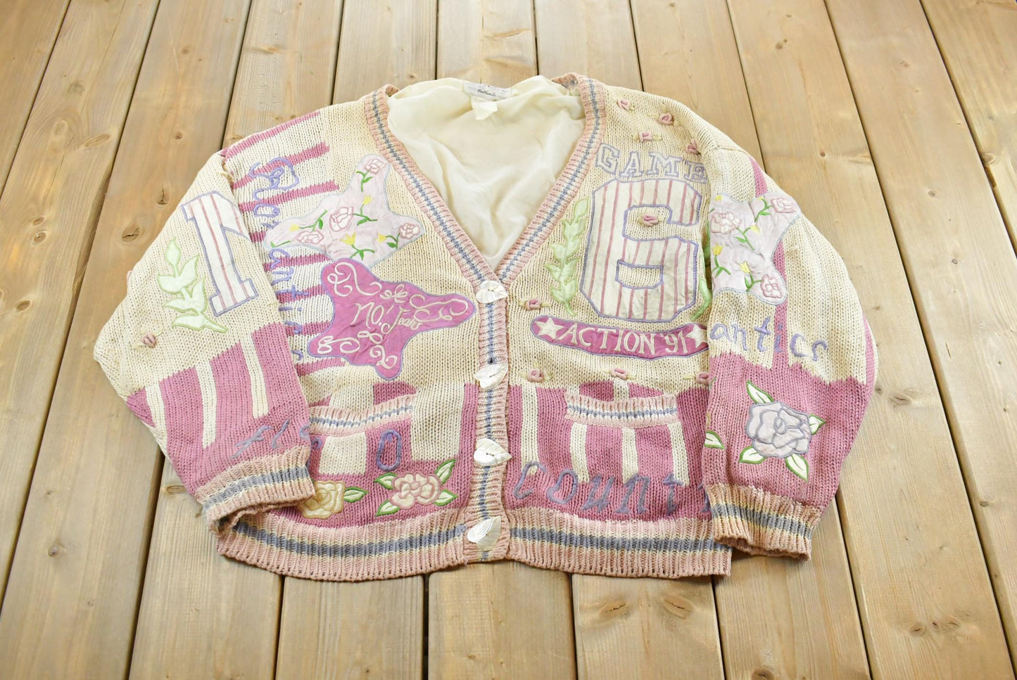 Vintage 1980s Absolutely No Jeans Funky Abstract Embroidered Knit Cardigan Sweater Women's 2XL / 80s Streetwear