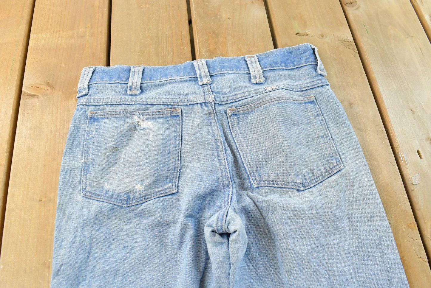 Vintage 1970s Sedgefield Distressed Flare Denim Blue Jeans 30 x 28.5