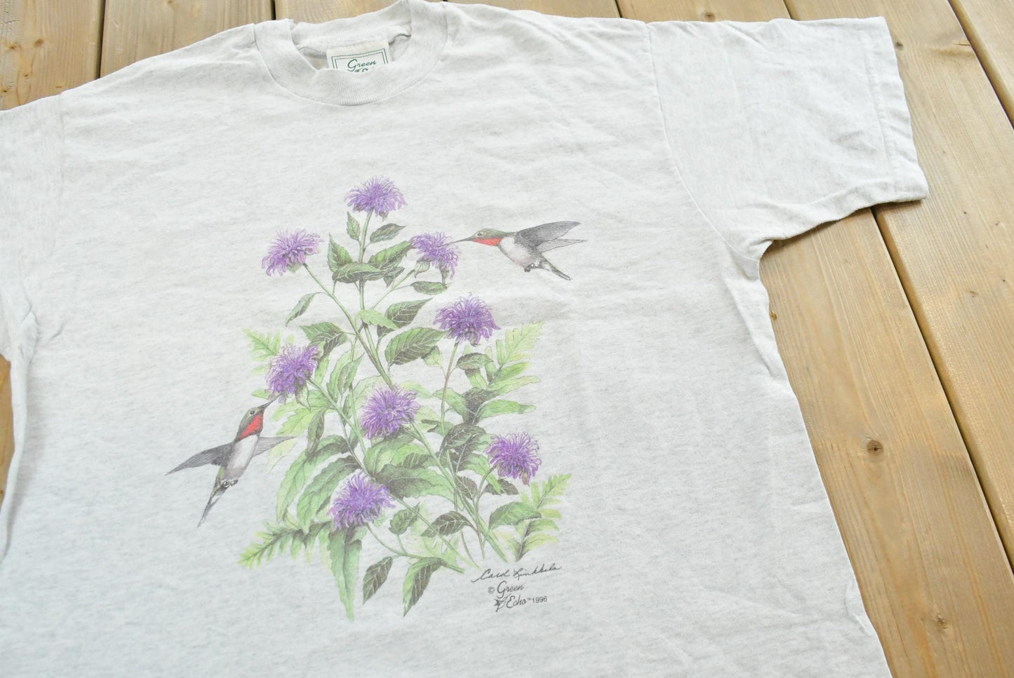 Vintage 1996 Fruit of the Loom Flowers Floral Hummingbird T-Shirt Mens S