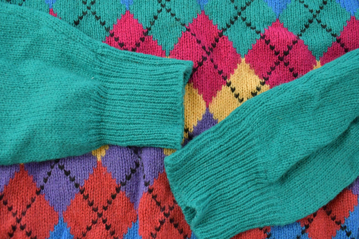 Vintage 1990s Colours Alexander Julian Knit Wool Abstract Argyle Pattern Crewneck Sweater Men's XL