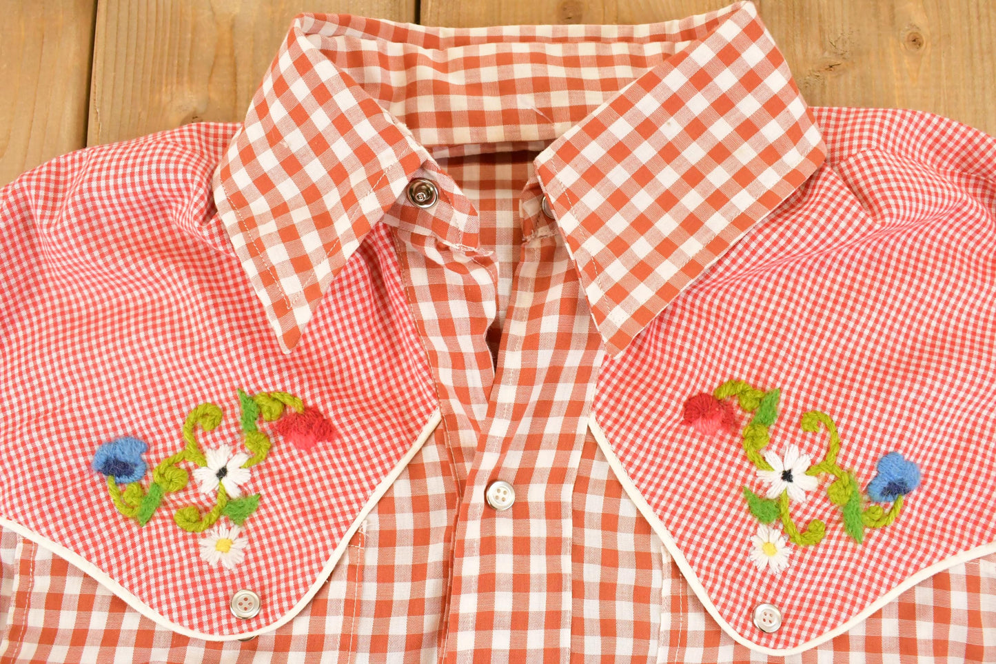 Vintage 1970s Western Floral Plaid Button Up Shirt Women's M