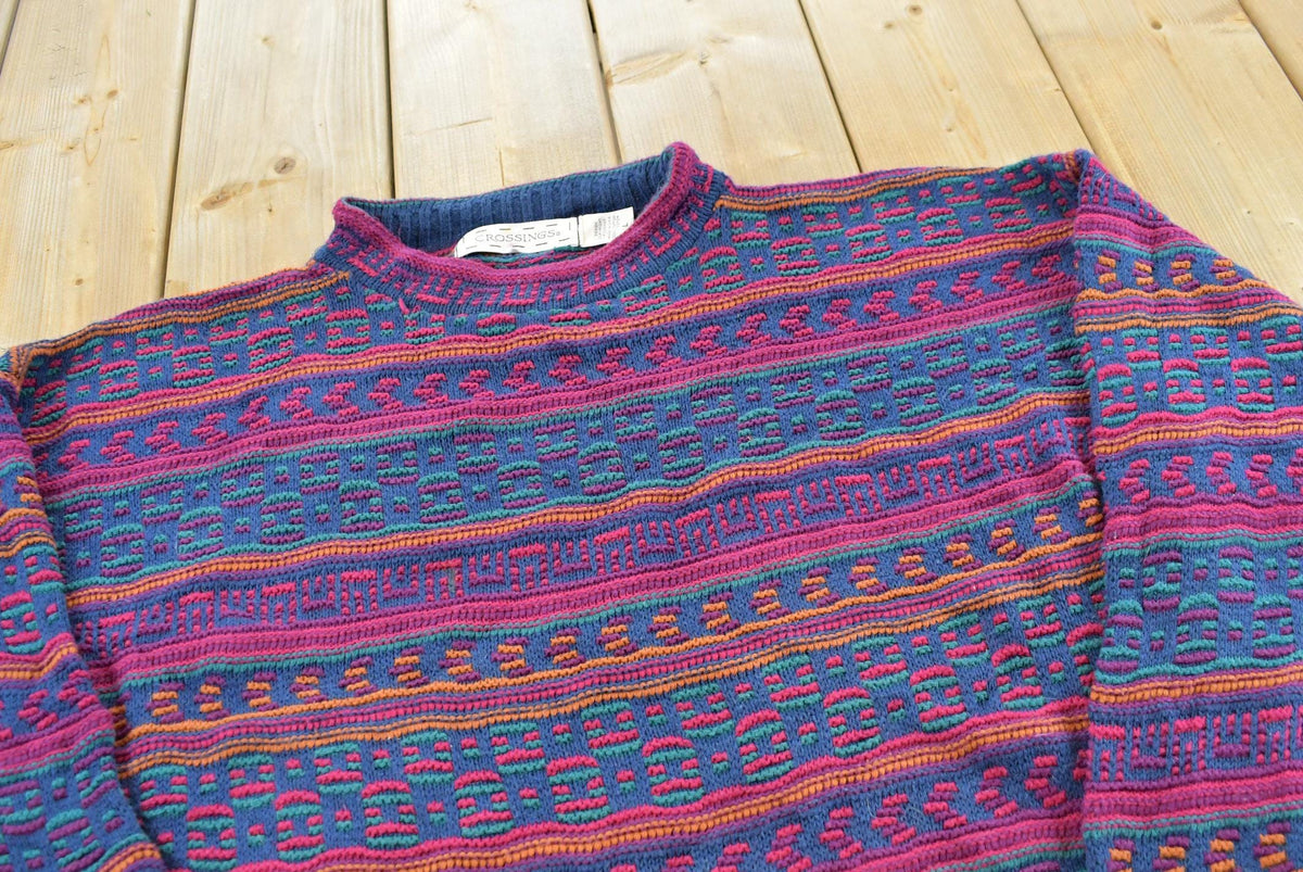 Vintage 1990s Crossings Knit Abstract Pattern Striped Crewneck Sweater Men's L