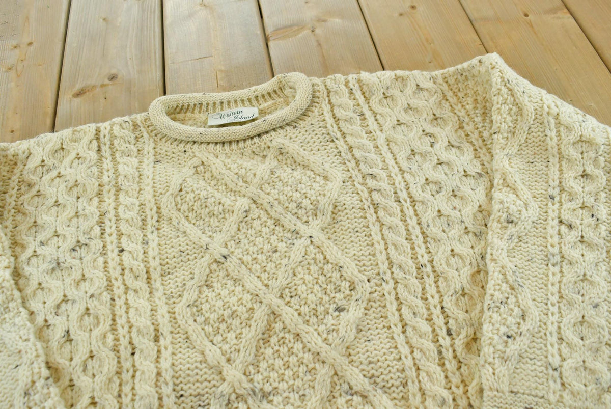 Vintage 1980s Western Island Wool 3D Cable Knit Sweater Men's XL
