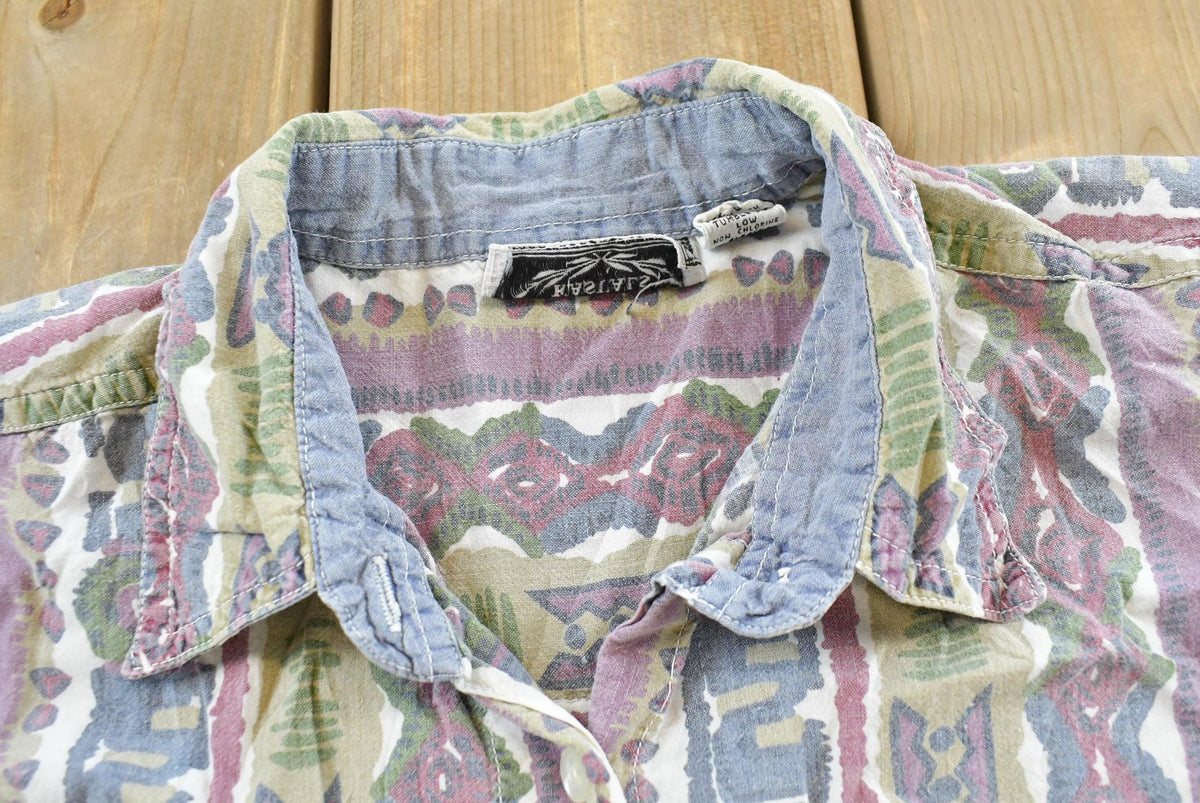 Vintage 1990s Kyoto Kasuals Striped Abstract Pattern Button Up Blouse Shirt Women's M