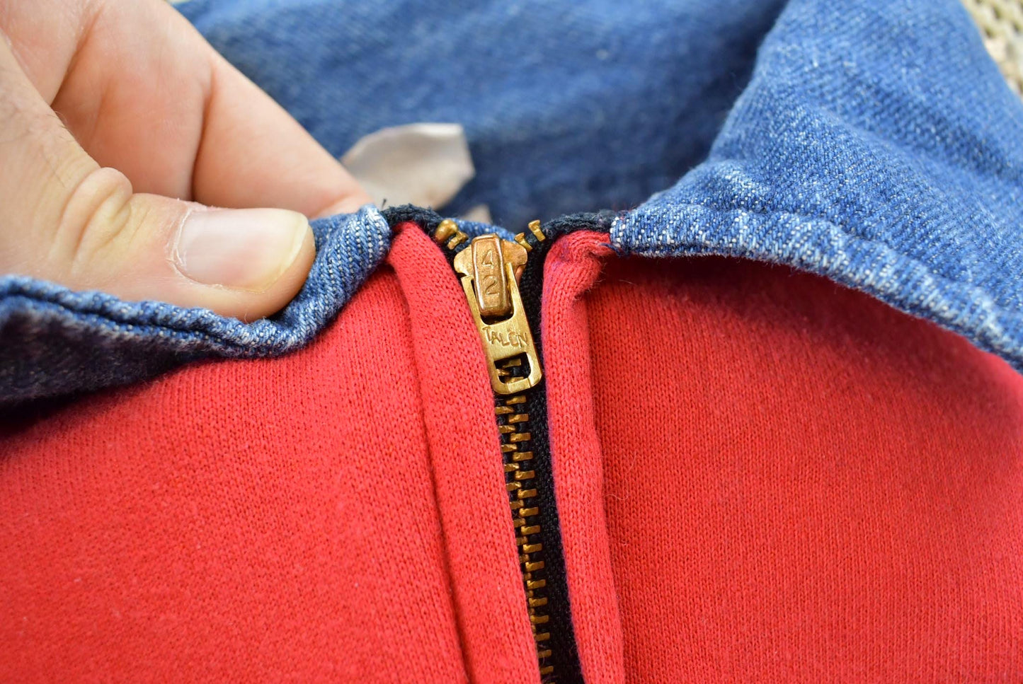 True Vintage 1970s Quarter Zip Denim Accents Collared Sweatshirt Men's XL