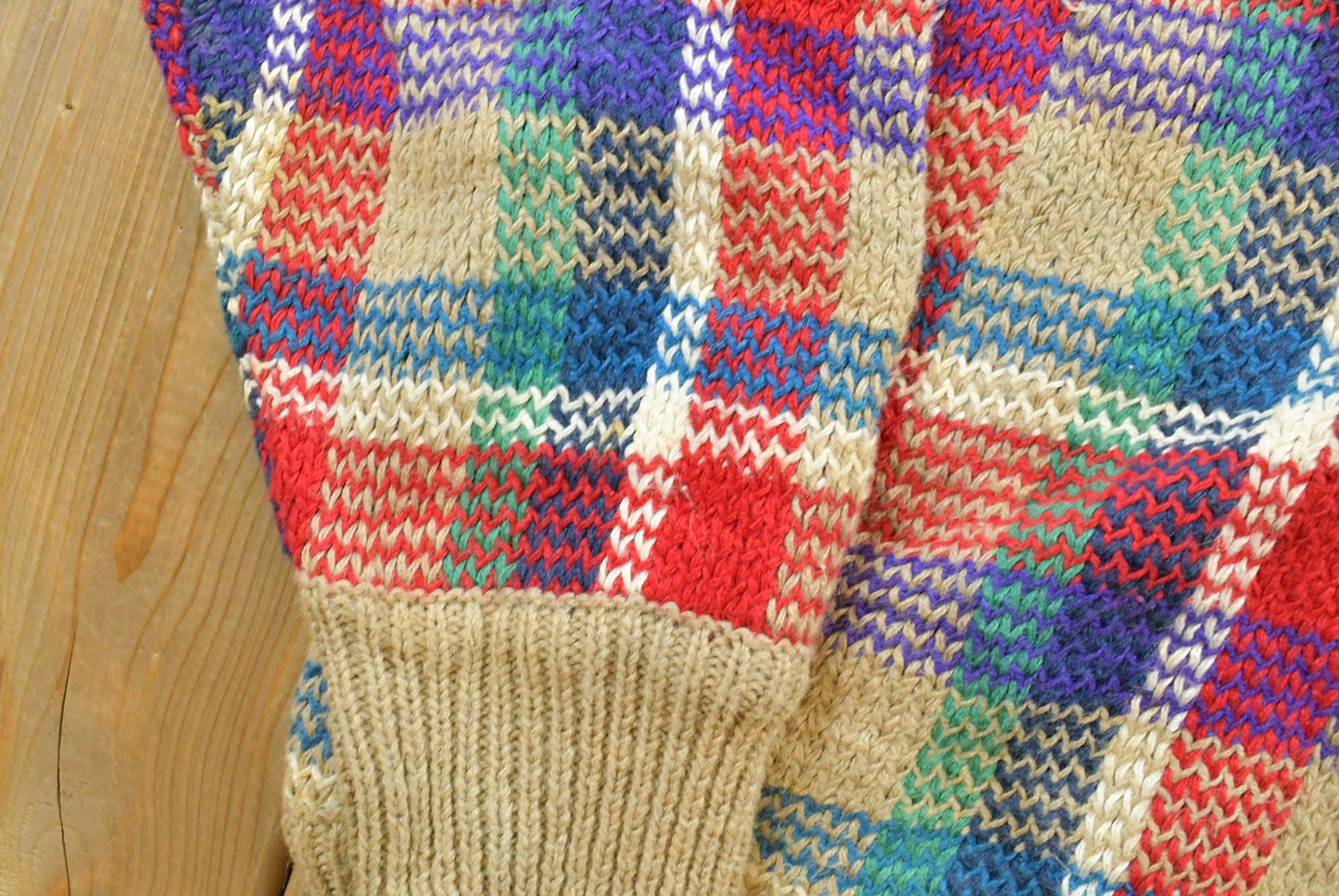 Vintage 1980s Crazy Horse Knit Plaid Crewneck Sweater Men's XS