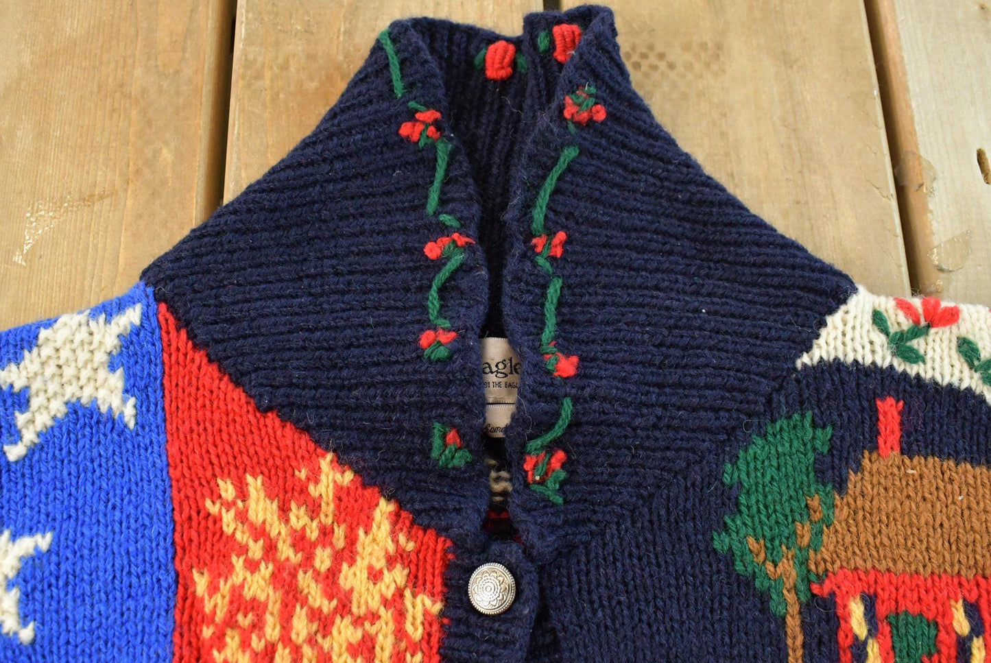 Vintage 1990s Eagles Eye 100% Wool American Flag Granny Square Patchwork Hand Knit Cardigan Sweater Women's M
