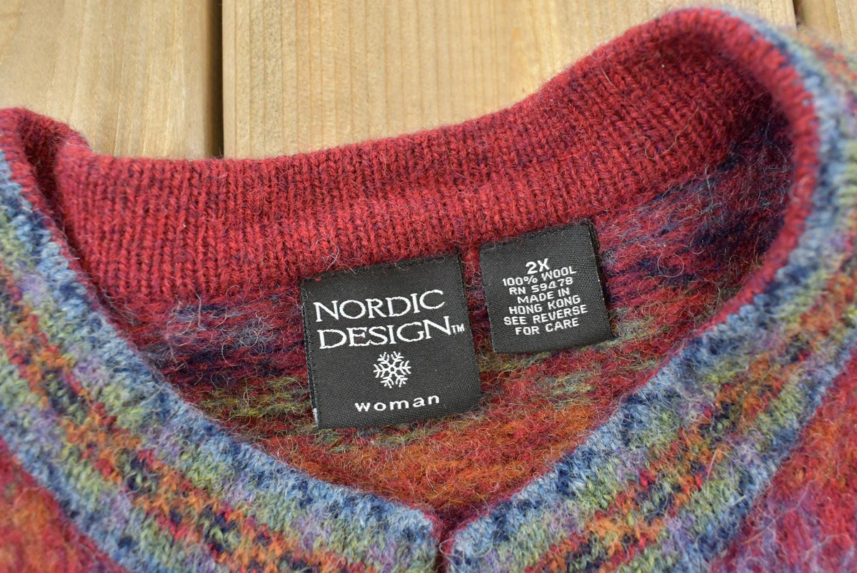 Vintage 1980s Nordic Design Striped Wool Knit Button Up Cardigan Sweater Women's 2XL