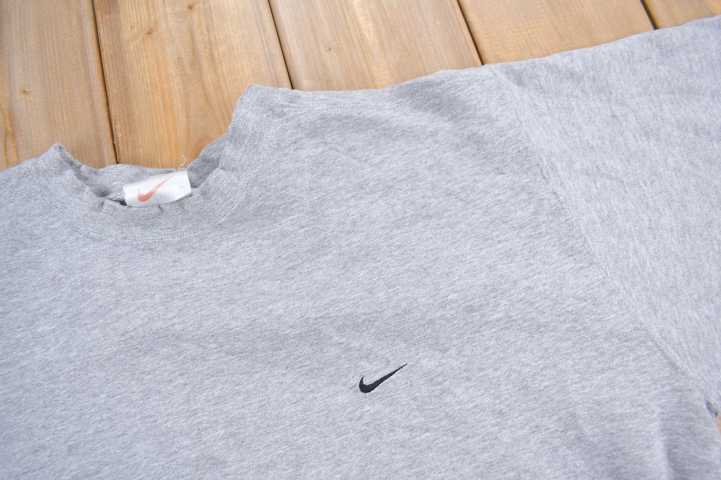 Vintage 1990s Nike Heather Grey Mini Swoosh Crewneck Sweatshirt Men's L
