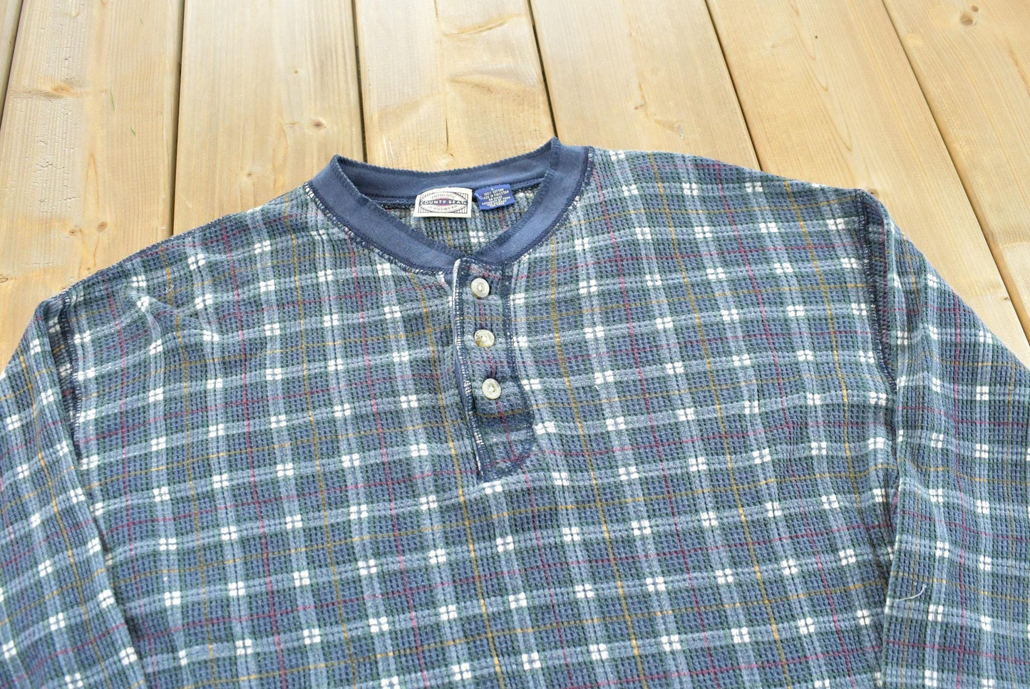Vintage 1990s Plaid Henley Long Sleeve Thermal Shirt Men's L