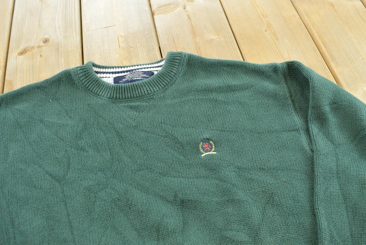 Vintage 1990s Tommy Hilfiger Green Cotton Knit Crest Logo Crewneck Sweater Men's L