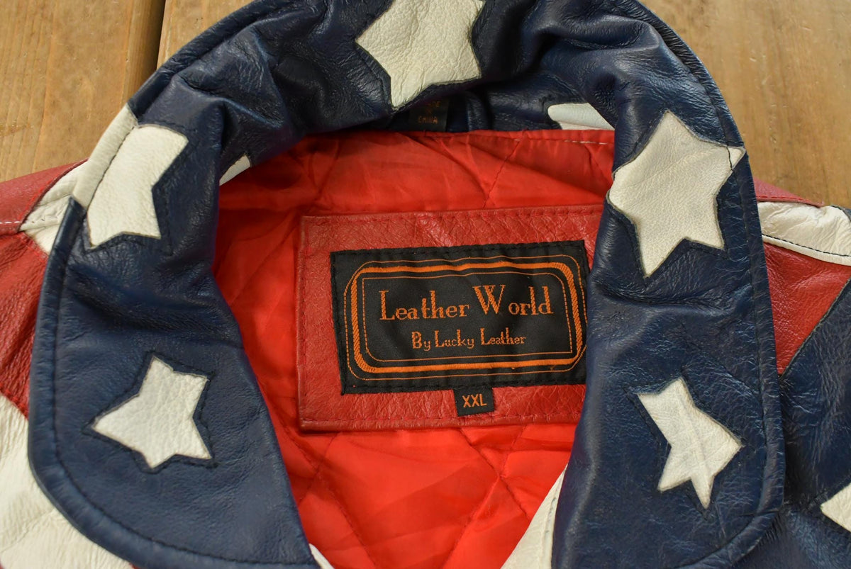 Vintage 1990s Leather World By Lucky Leather American Flag USA Leather Jacket Men's 2XL