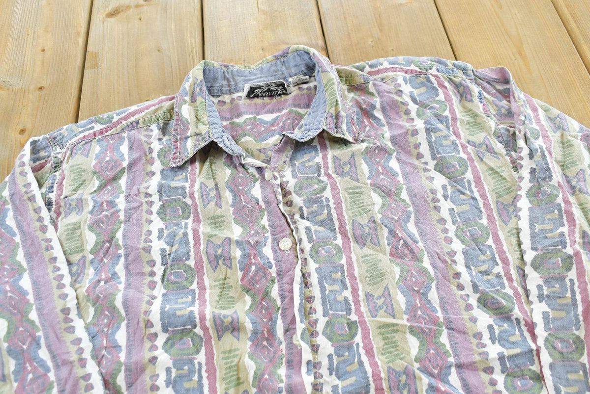 Vintage 1990s Kyoto Kasuals Striped Abstract Pattern Button Up Blouse Shirt Women's M