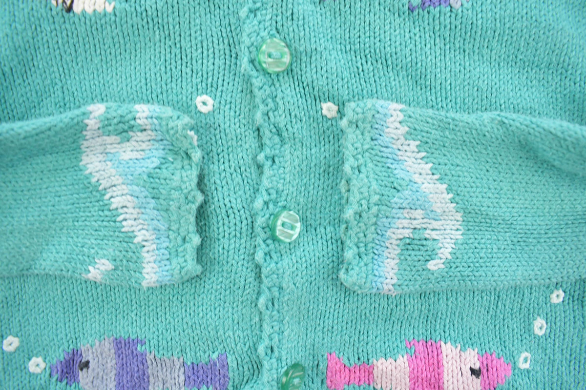 Vintage 1990s Rey Wear Fish Embroidered Knit Cardigan Sweater Youth XS