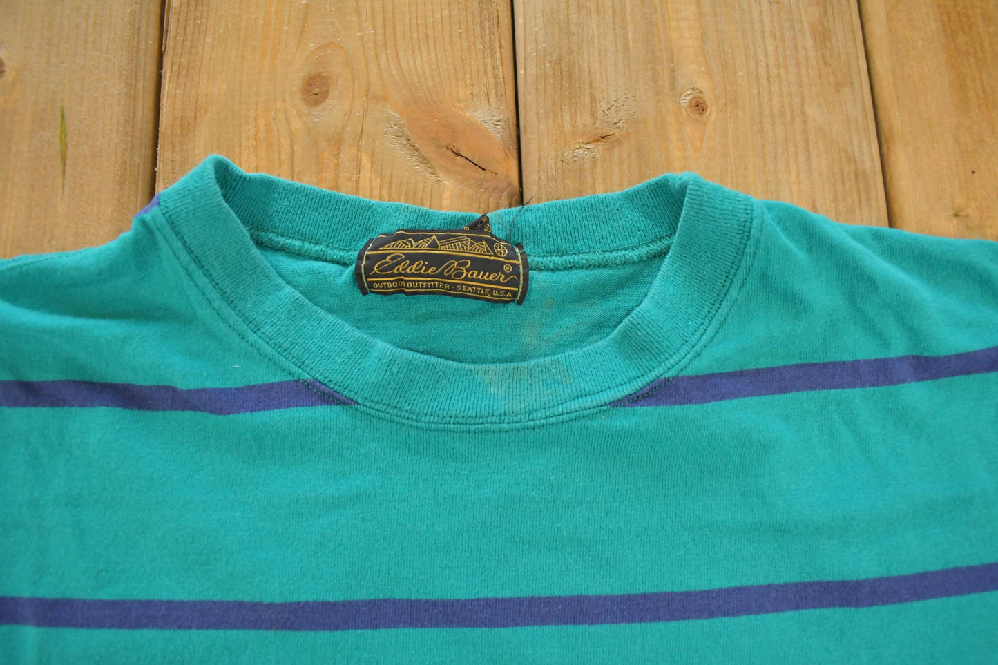 Vintage 1990s Eddie Bauer Teal Striped Crewneck Sweatshirt Men's L