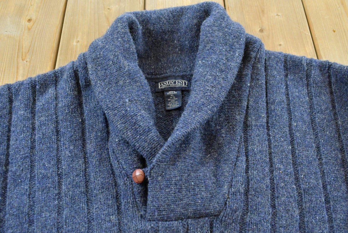 Vintage 1980s Lands' End Shawl Collar Heavyweight Wool Cable Knit Sweater Men's XL