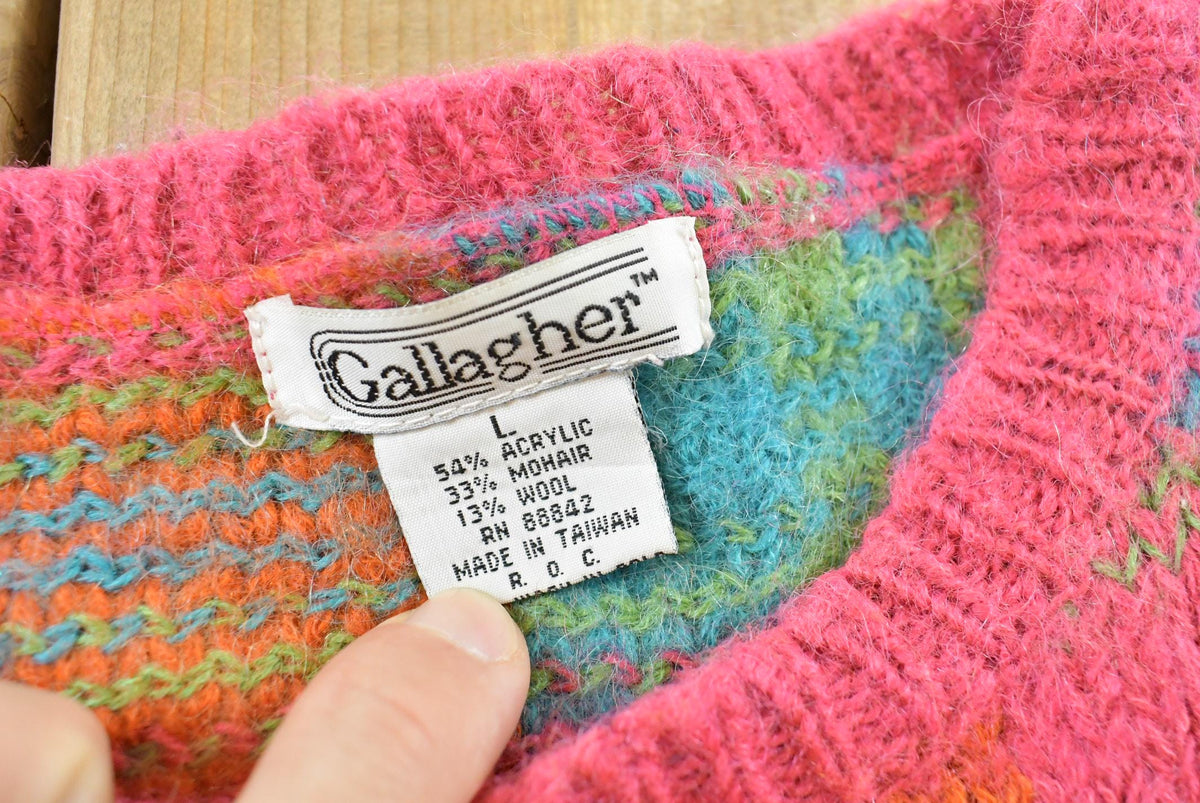 Vintage 1990s Gallagher Plaid Mohair Blend Knit Crewneck Sweater Women's L