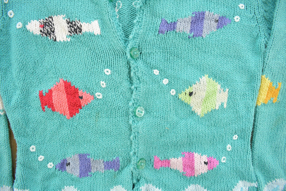 Vintage 1990s Rey Wear Fish Embroidered Knit Cardigan Sweater Youth XS