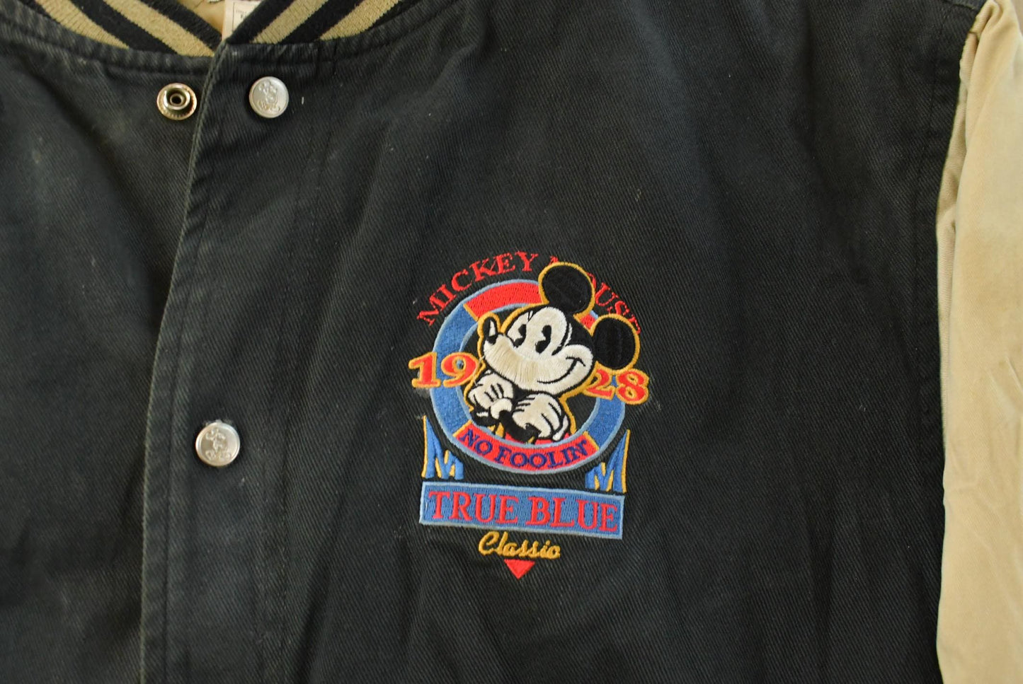 Vintage 1990s Thrashed Mickey Mouse Disney Varsity Snap Button Jacket Men's M