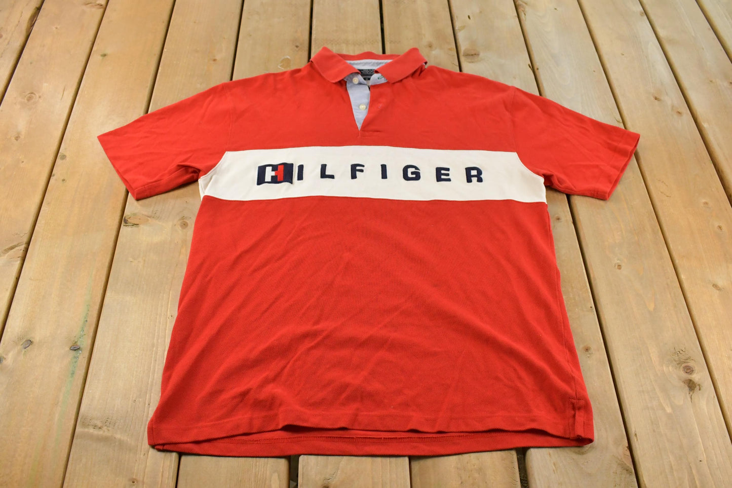 Vintage 1990s Tommy Hilfiger Striped Polo Shirt Men's Large / Preppy Style / Americana / Spellout Logo