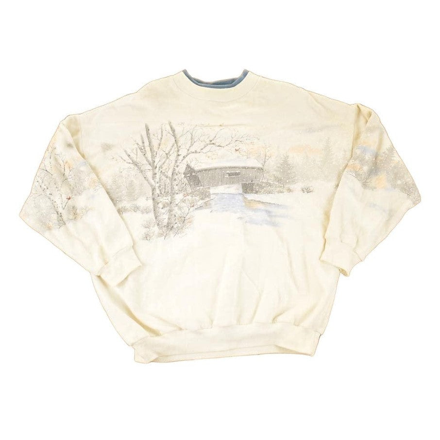 Vintage 1990s Artisans Winter Theme AOP Double Collar Crewneck Sweatshirt Men's L