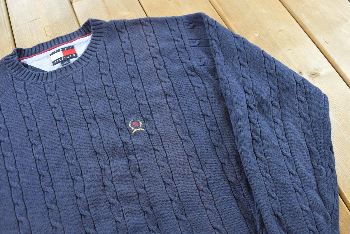 Vintage 1990s Tommy Hilfiger 3D Cotton Cable Knit Crest Logo Crewneck Sweater Men's L