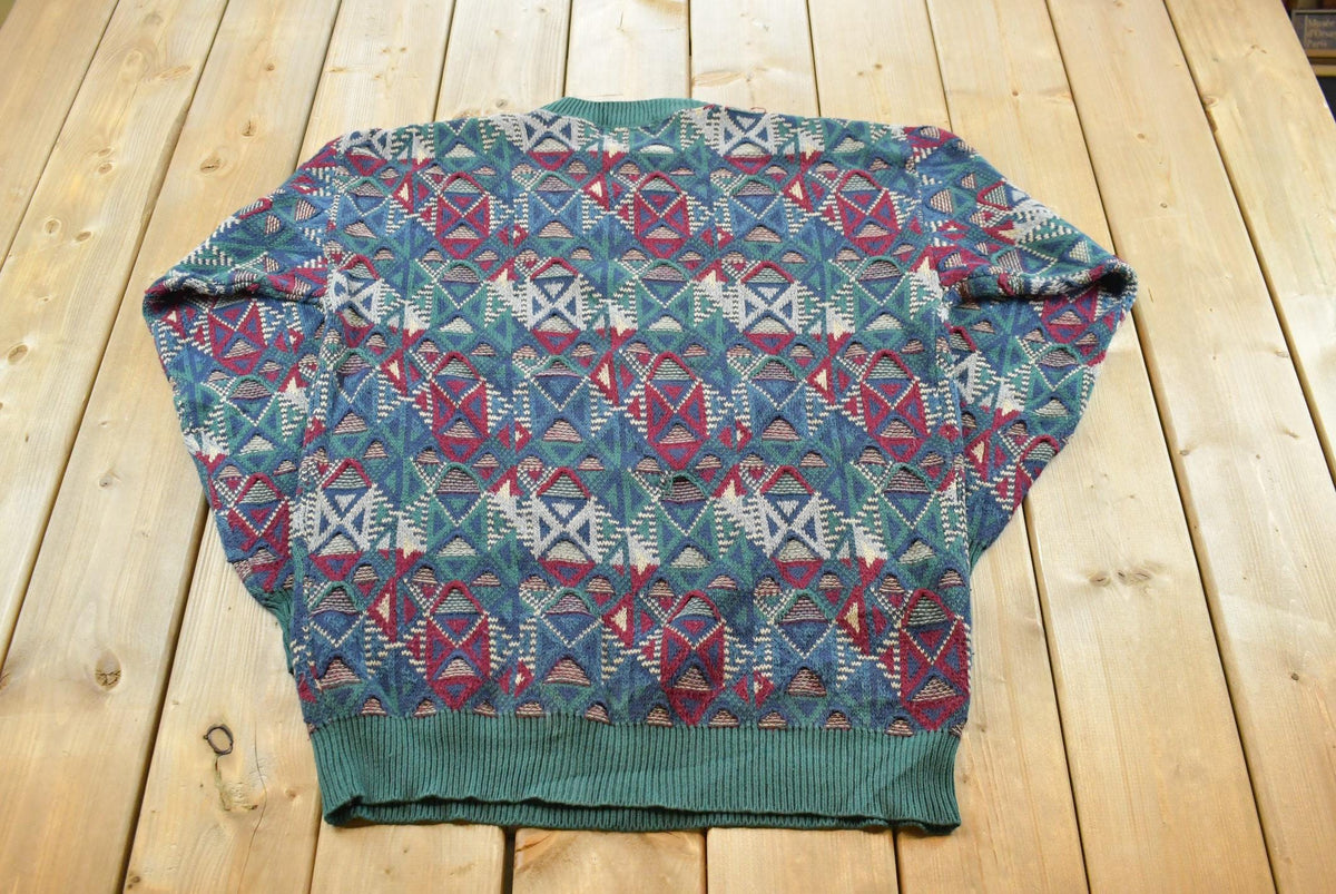 Vintage 1990s Bill Blass Textured 3D Cotton Knit Crewneck Sweater Men's L / 90s Abstract Pattern Knitted Sweatshirt / Made in USA