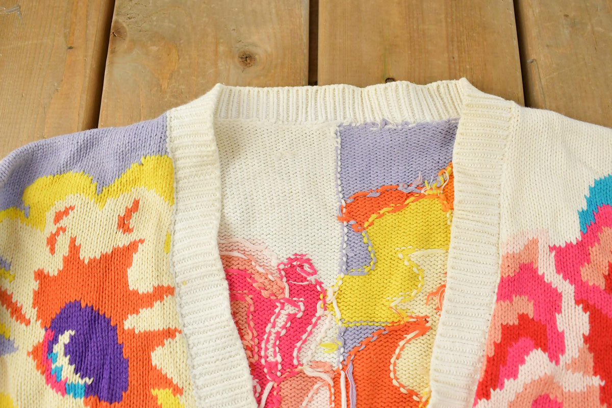 Vintage 1990s Floral Knit Cardigan Sweater Women's L