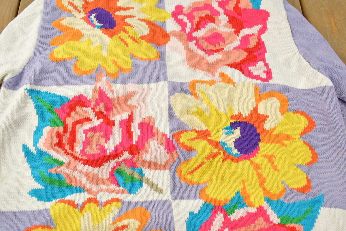 Vintage 1990s Floral Knit Cardigan Sweater Women's L