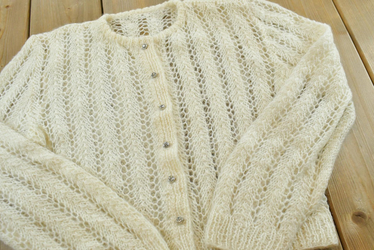 Vintage 1980s Crochet Knit Button Up Cardigan Sweater Women's M