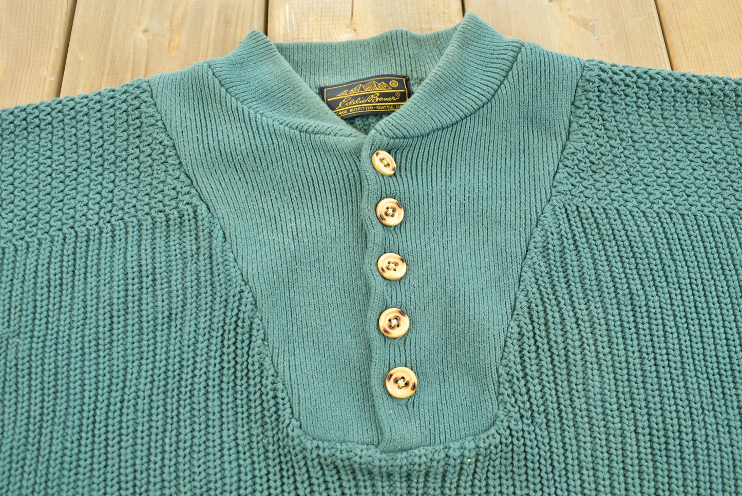 Vintage 1990s Eddie Bauer Henley Collar Quarter Button Cotton Knit Sweater Men's L / 90s Streetwear / Layering