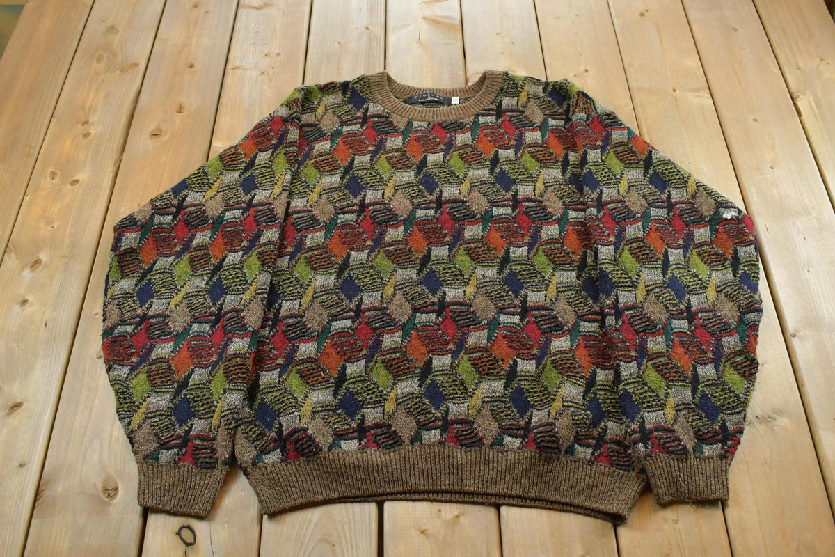 Vintage 1990s Protégé Abstract Knit Crewneck Sweater Men's XL Tall / Vintage 90s Crewneck / Funky Patterns / Made in USA