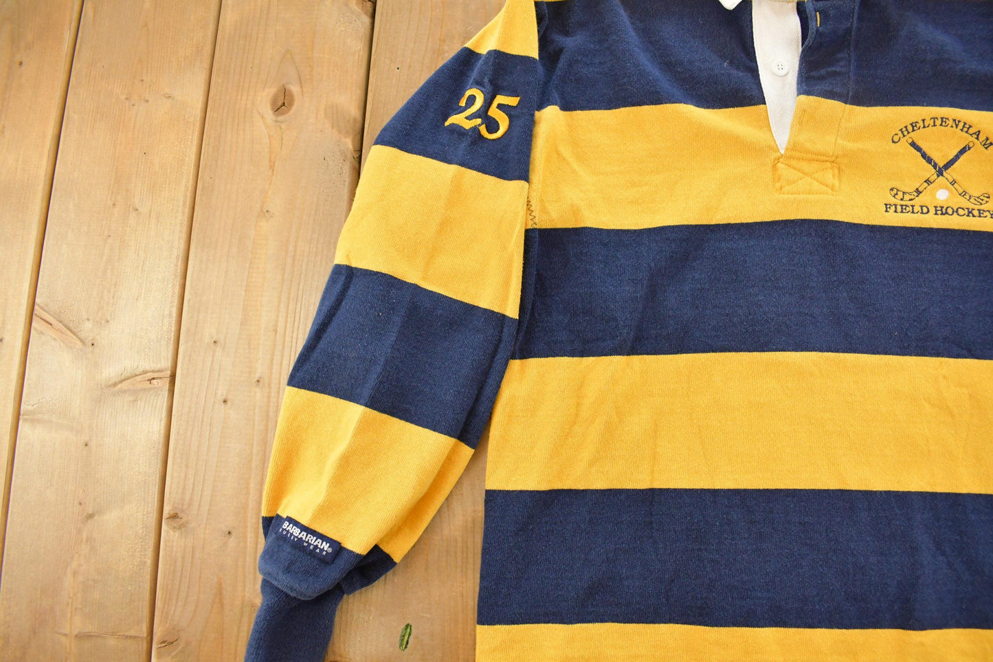 Vintage 1990s Cheltenham Field Hockey Striped Embroidered Rugby Polo Shirt Men's S
