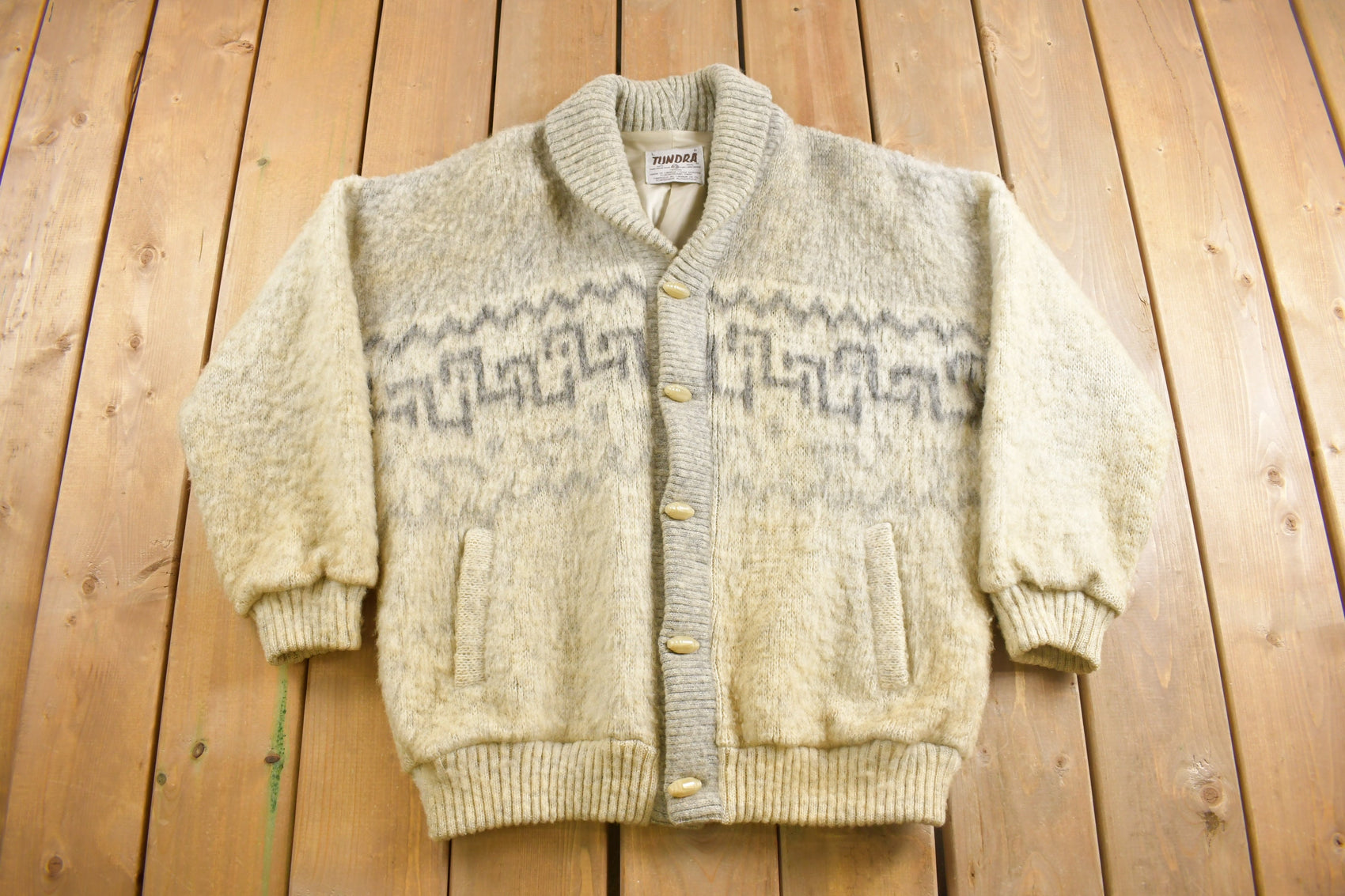 Vintage 1970s Tundra 100% Wool Knit Shawl Collar Jacket Men's Large