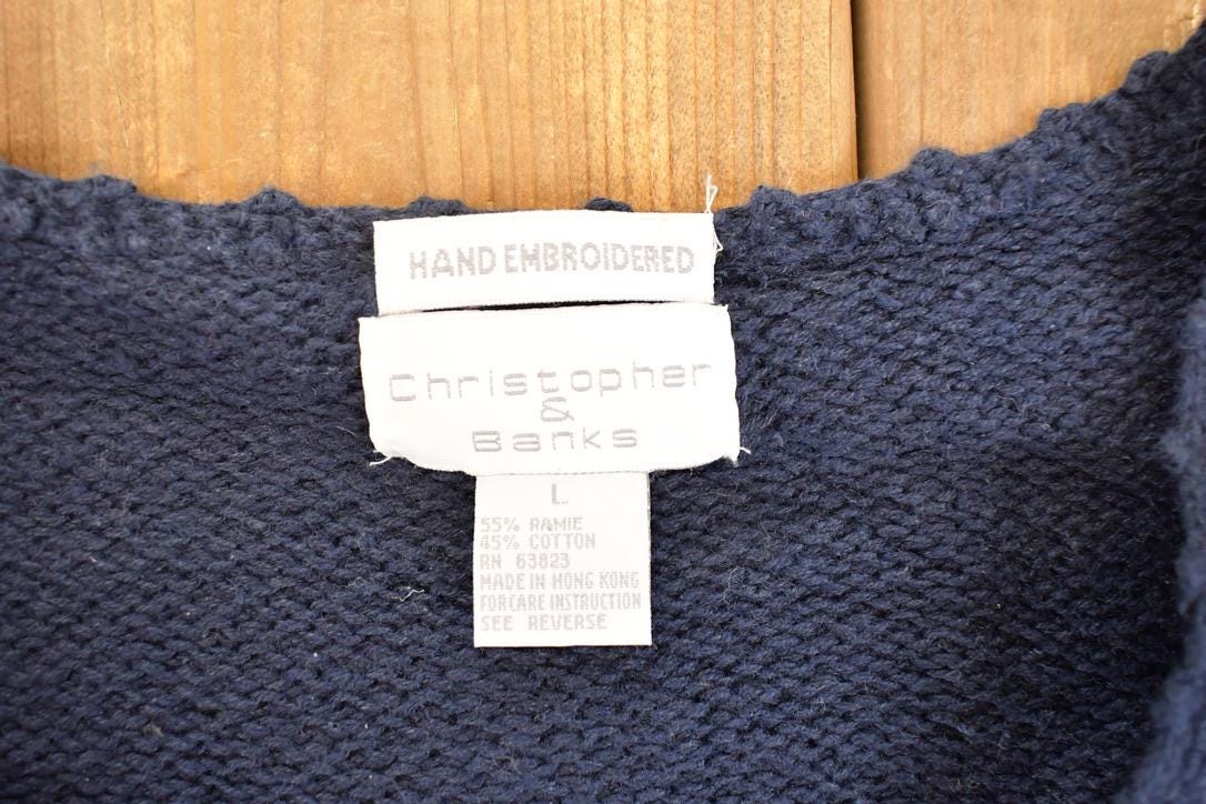 Vintage 1990s Christopher & Banks Hand Embroidered Floral Knit Cardigan Sweater Womens L