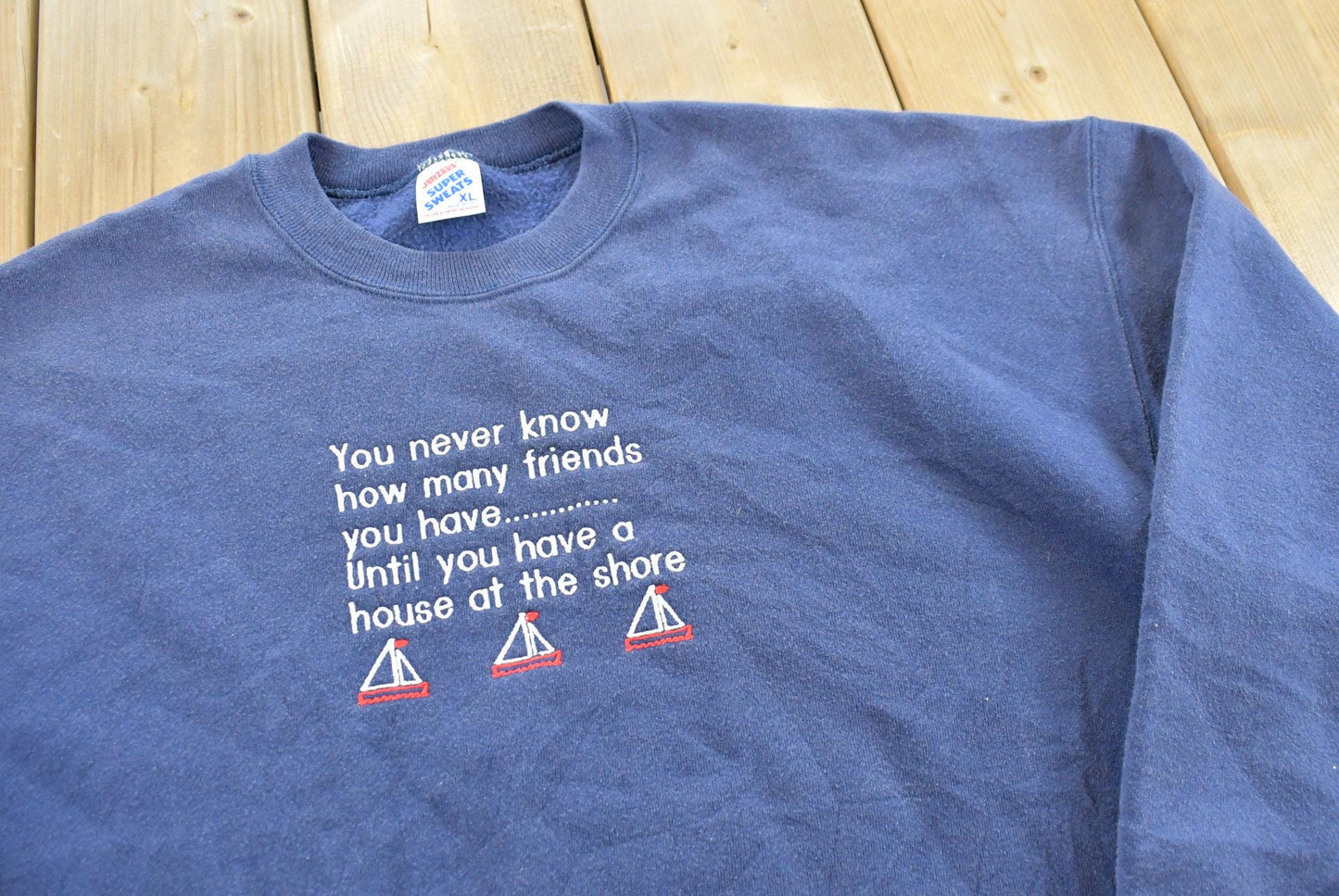 Vintage 1990s Shore House Camping Vacation Embroidered Funny Crewneck Sweatshirt Men's L