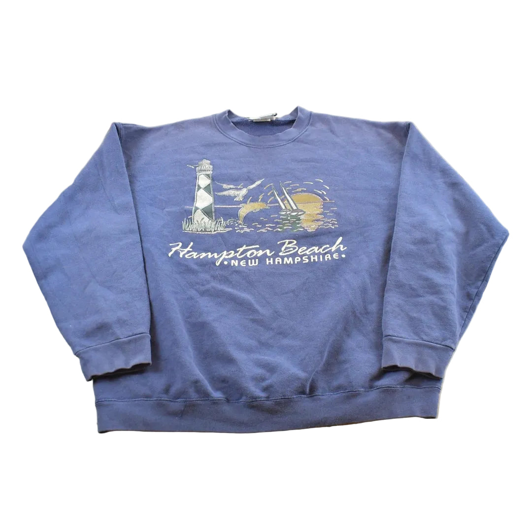 Vintage 1990s Lee Hampton Beach New Hampshire Souvenir Lighthouse Crew Neck Sweatshirt Men's L