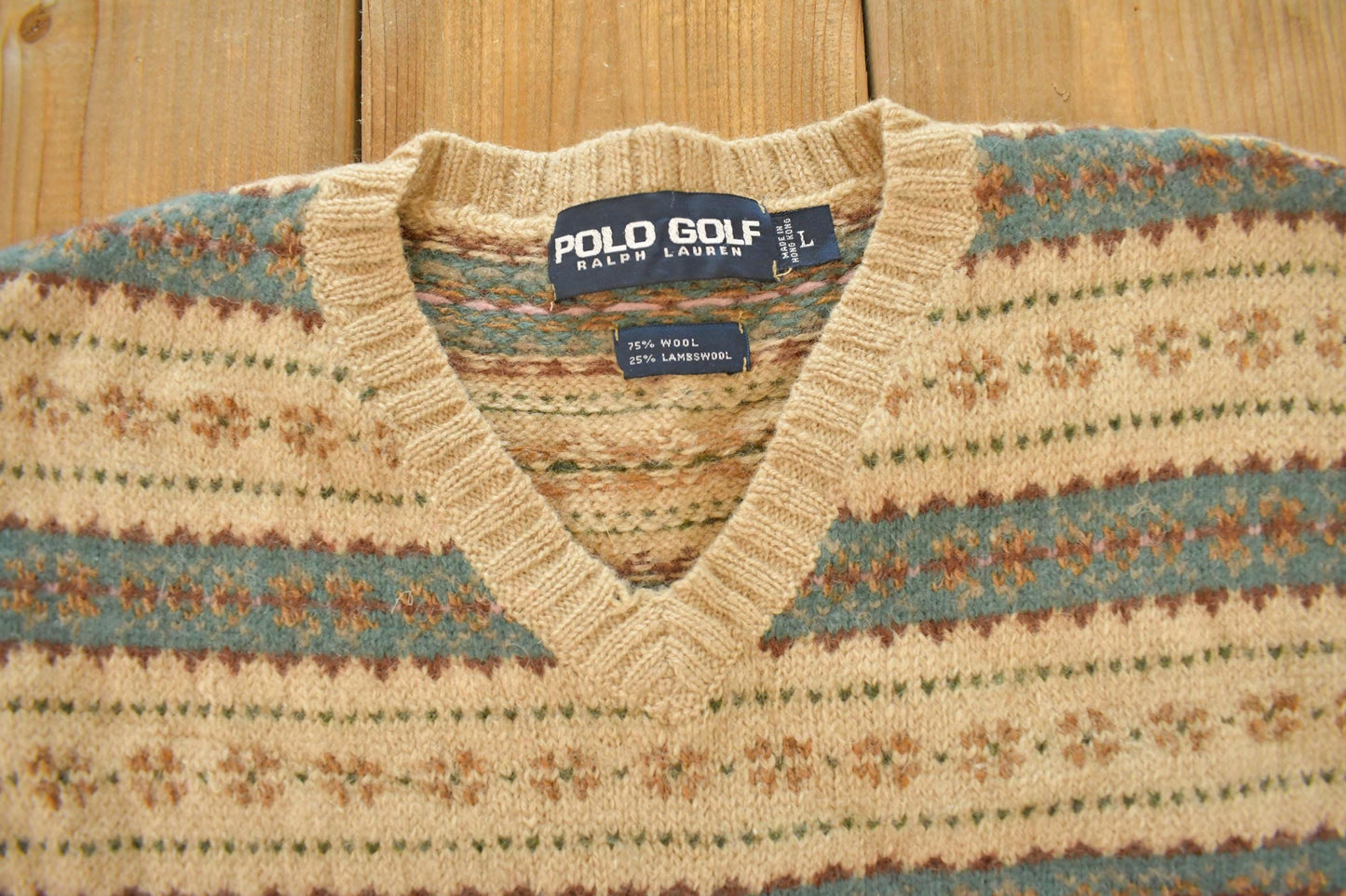 Vintage 1990s Polo Golf By Ralph Lauren Geometric Wool Knit V Neck Sweater Vest Men's L